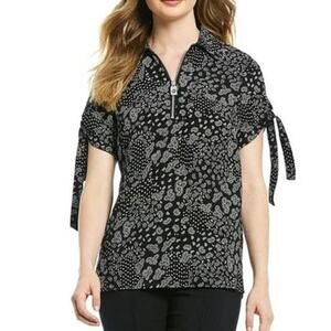 Michael Kors Blouse Sz S Paisley Print Grommet & Tie Sleeve Zip Front Top Black